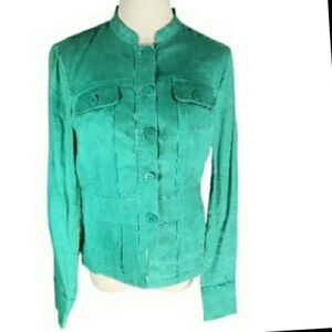 Coldwater Creek Celebrate Your Spirit Linen Teal Jacket Military Asain Fitted 8